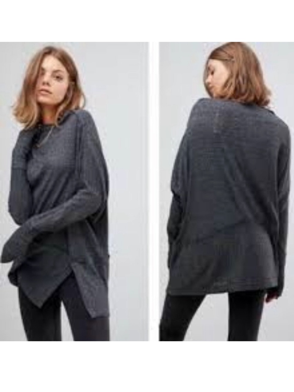 We The Free Free People Londontown Grey Oversized Ribbed Thermal Knit Medium Top